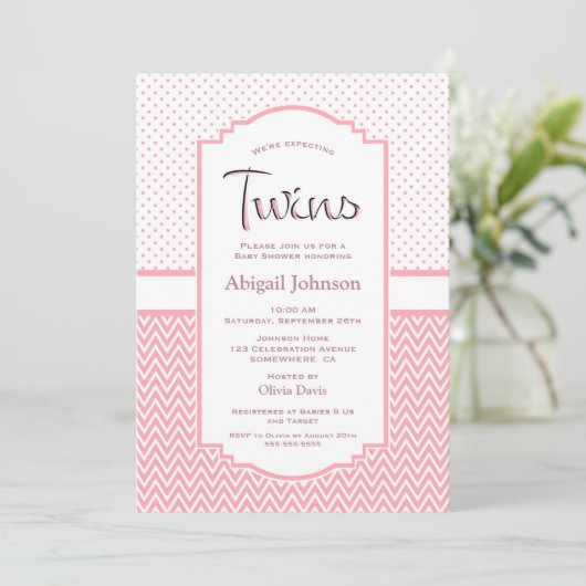 ピンクシェブロンストライプ水玉模様ツインズベビーシャワー 招待状 (スタンド正面)