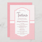 ピンクシェブロンストライプ水玉模様ツインズベビーシャワー 招待状 (正面/裏面)