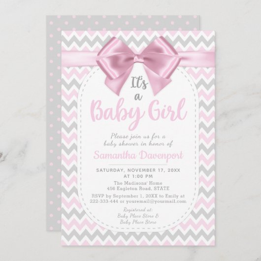ピンクシェブロンベビーシャワーガールボウ招待状 招待状 (正面/裏面)