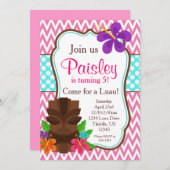 ピンクシェブロン、ティキマンルアウ(ハワイ式宴会)誕生パーティー 招待状 (正面/裏面)