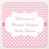 ピンクシェブロン&ホワイト水玉模様ベビーシャワーパーティー スクエアペーパーコースター (正面)