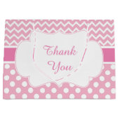 ピンクシェブロン&ホワイト水玉模様ベビーシャワーパーティー ラージペーパーバッグ (正面)