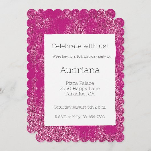 ピンクシックグリジーグリッタースパークル16誕生日 招待状 (正面/裏面)