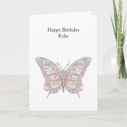 ピンクシックシルバーバタフライ誕生日 カード (正面)