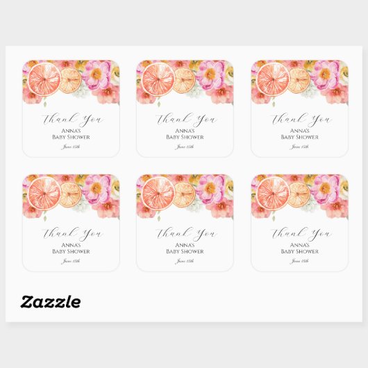 ピンクシトラスフラワーズサンキューメッセージカード スクエアシール (シート)