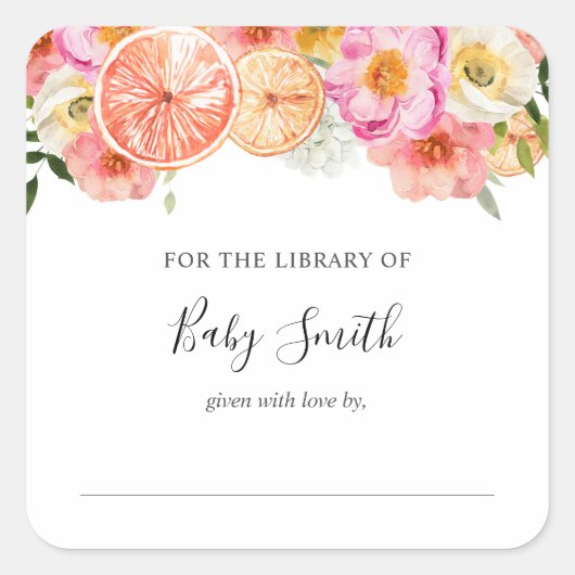 ピンクシトラスフラワーベビーシャワー蔵書票 スクエアシール (正面)