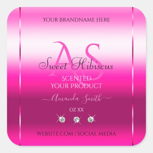 ピンクシメリー製品ラベルのダイヤモンドとイニシャル スクエアシール (正面)