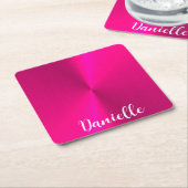 ピンクシャイニーフェイクメタル名前をカスタムする スクエアペーパーコースター (アングル)