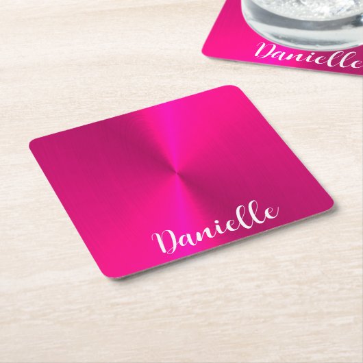 ピンクシャイニーフェイクメタル名前をカスタムする スクエアペーパーコースター (アングル)