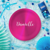 ピンクシャイニーフェイクメタル名前をカスタムする ペーパープレート (パーティー)