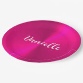 ピンクシャイニーフェイクメタル名前をカスタムする ペーパープレート (アングル)