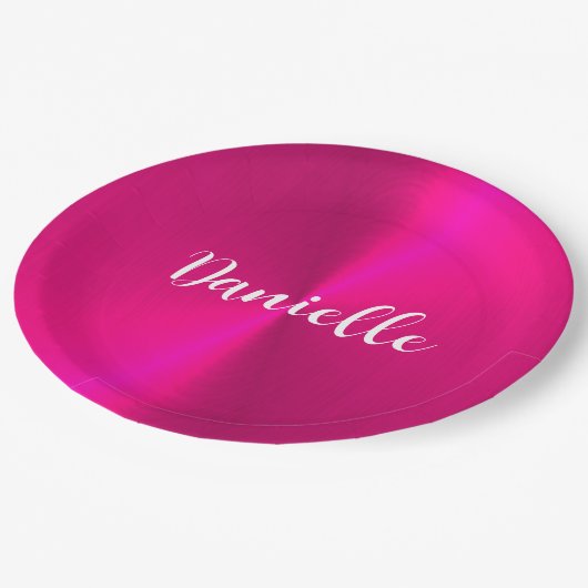 ピンクシャイニーフェイクメタル名前をカスタムする ペーパープレート (アングル)
