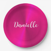 ピンクシャイニーフェイクメタル名前をカスタムする ペーパープレート (正面)