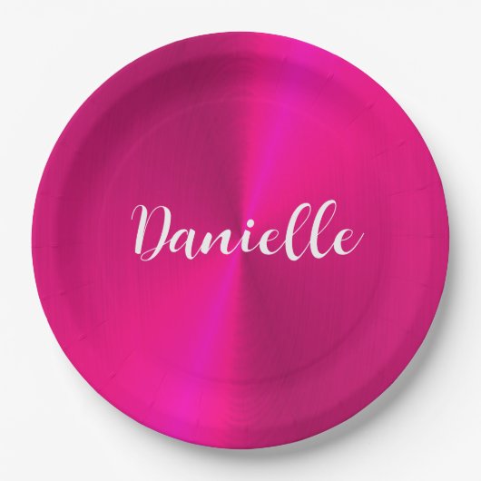 ピンクシャイニーフェイクメタル名前をカスタムする ペーパープレート (正面)