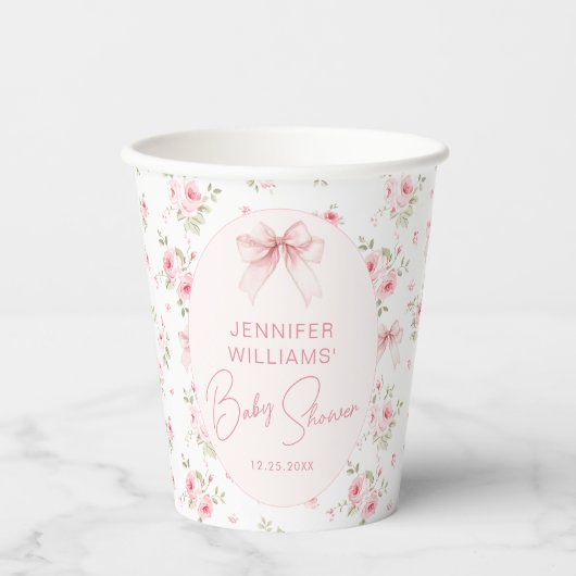 ピンクシャビーシックな弓フローラ甘いベビーガールシャワー 紙コップ (正面)