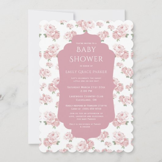 ピンクシャビーシックヴィンテージベビーガールシャワー 招待状 (正面)