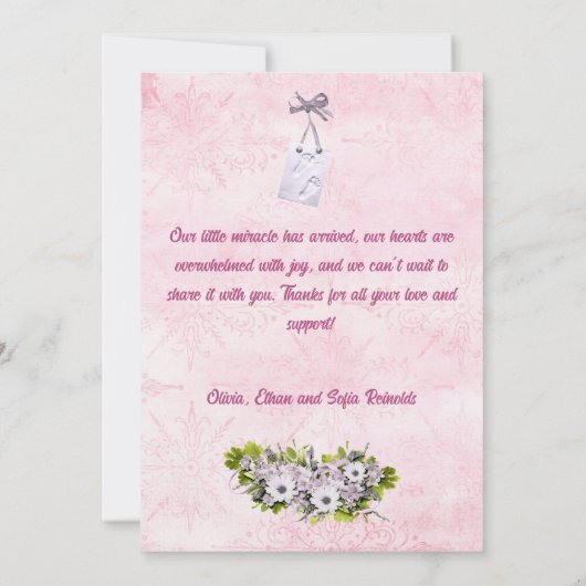 ピンクシャビースタイルベビーフラットアナウンスメントカード 案内状 (裏面)