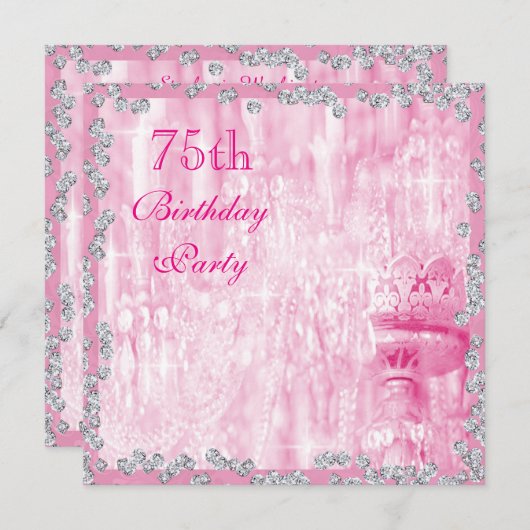 ピンクシャンデリア&ダイヤモンド75th誕生日 招待状 (正面/裏面)