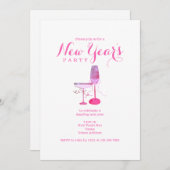 ピンクシャンパングラスニューイヤーエブディナーカクテル 招待状 (正面/裏面)