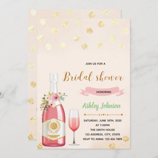 ピンクシャンパンシャワーテーマパーティーの招待 招待状 (正面/裏面)