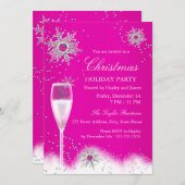 ピンクシャンパンスノーフレーククリスマスホリデーパーティー 招待状 (正面/裏面)
