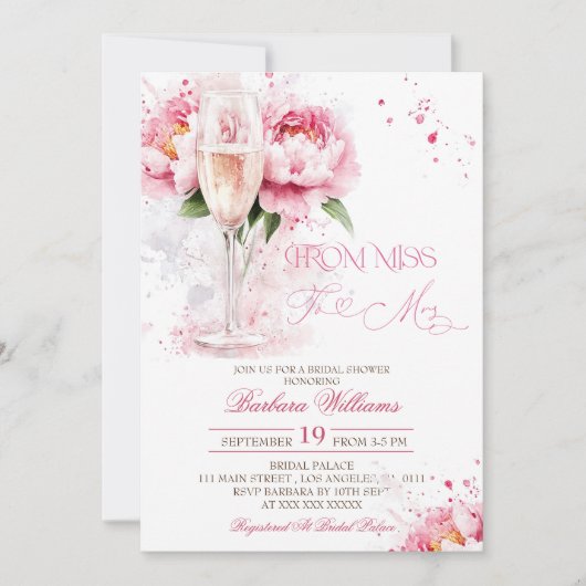 ピンクシャンパンフローラブライダルシャワー 招待状 (正面)