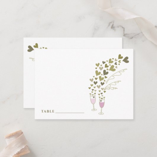 ピンクシャンパン応援と金ゴールドハートシック結婚ズ プレイスカード (正面/裏面インサイチュ)