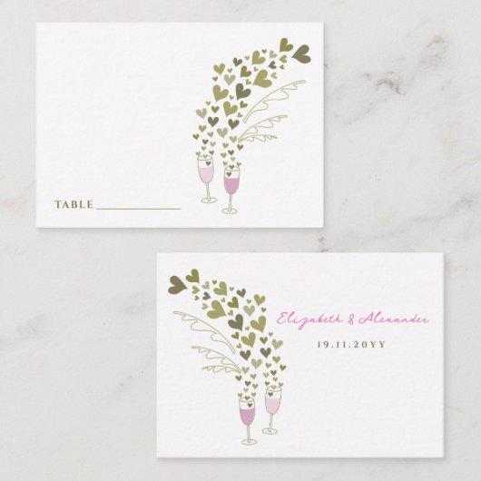 ピンクシャンパン応援と金ゴールドハートシック結婚ズ プレイスカード (正面/裏面)