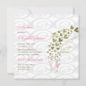 ピンクシャンパン応援ゴールデンハートブライダルシャワー 招待状 (正面)