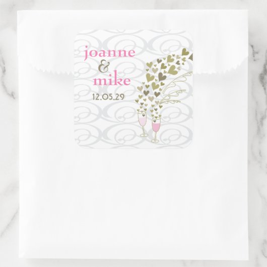 ピンクシャンパン応援&金ゴールドハートウェディングパーティー スクエアシール (バッグ)