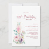 ピンクシャンパン フラワー 100歳の誕生日パーティー 招待状 (正面)