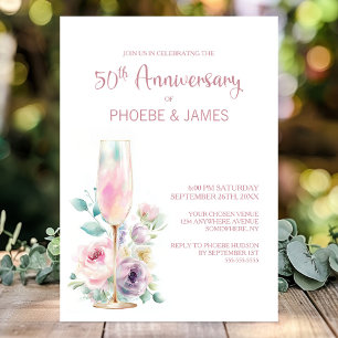 ピンクシャンパン フローラル 50周年結婚記念日 招待状