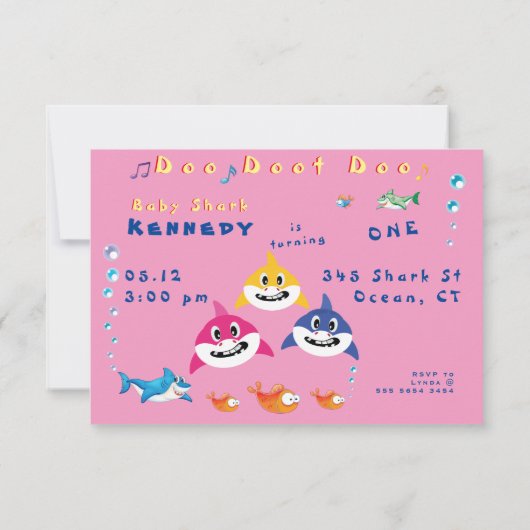 ピンクシャーク🦈 1st誕生日おもしろい驚くべきパーティー 招待状 (裏面)