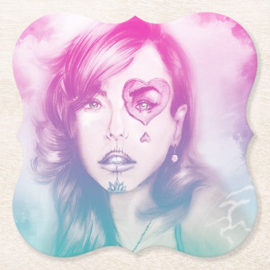 ピンクシュガースカルメイクアップ女の子、シェイプされたコースター ペーパーコースター (正面)