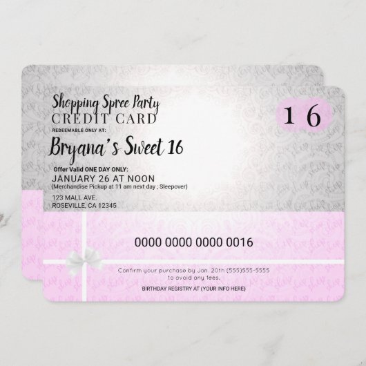 ピンクショッピングスプライクレジットカードスウィート16パーティー 招待状 (正面/裏面)