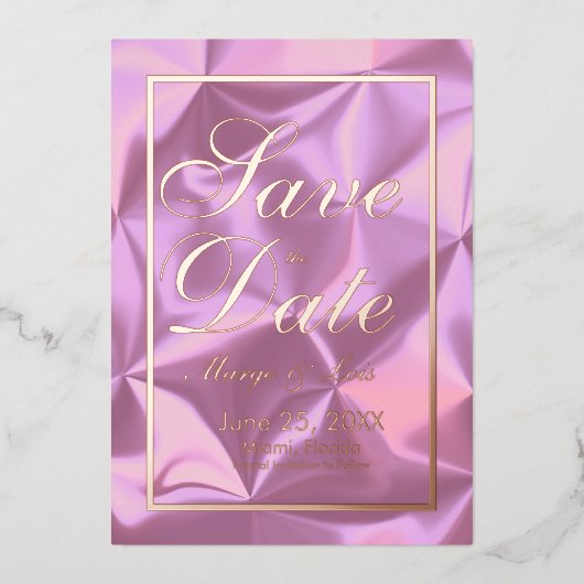ピンクシルクのゴールド箔押しSave the Date 箔招待状 (正面)