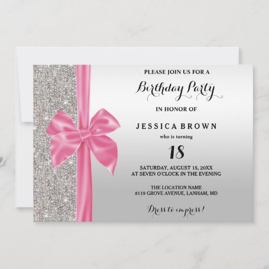 ピンクシルクボウシルバーシーキンズ18誕生日 招待状 (正面)