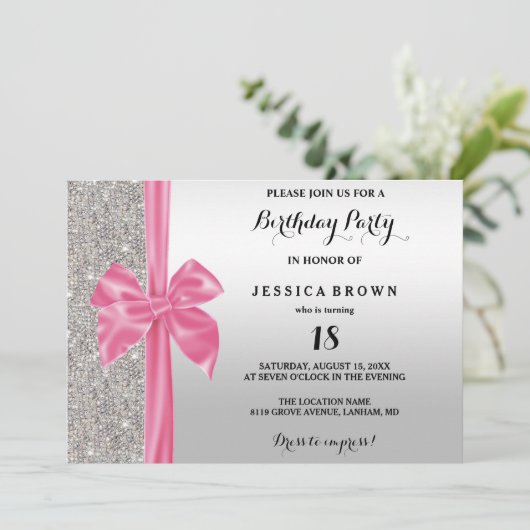ピンクシルクボウシルバーシーキンズ18誕生日 招待状 (スタンド正面)