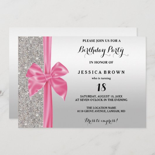 ピンクシルクボウシルバーシーキンズ18誕生日 招待状 (正面/裏面)