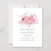 ピンクシルバーとホワイトフローラ結婚式の日付を保存 マグネット招待状 (正面)