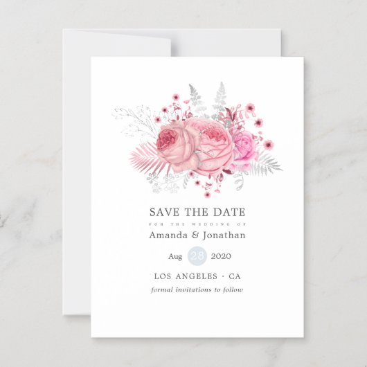 ピンクシルバーとホワイトフローラ結婚式の日付を保存 マグネット招待状 (正面)