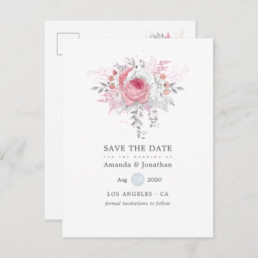 ピンクシルバーとホワイトフローラ結婚式の日付を保存 案内ポストカード (正面/裏面)