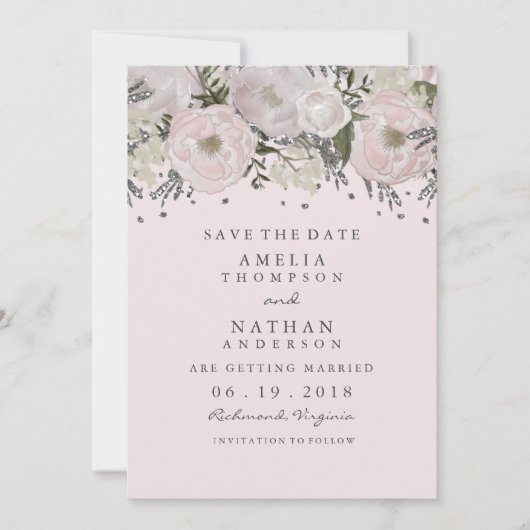 ピンクシルバーのお花のデザインが可愛い結婚式の延期案内状 セーブザデート (正面)