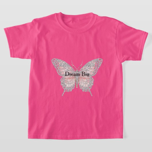 ピンクシルバーの蝶のオーダーメイド Tシャツ (レイダウン)