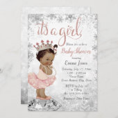ピンクシルバーアフリカ系アメリカ人プリンセスベビーシャワー 招待状 (正面/裏面)