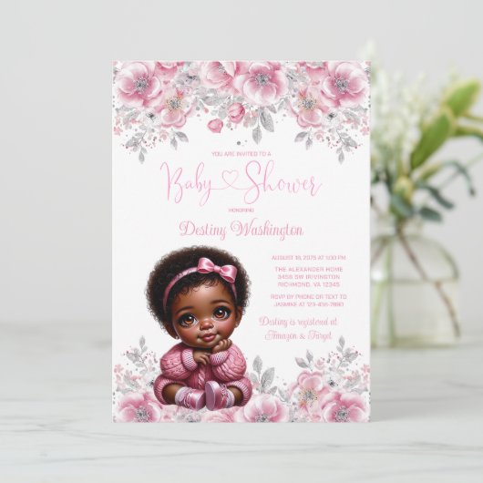 ピンクシルバーアフロガールセーター赤ちゃんシャワー 招待状 (スタンド正面)