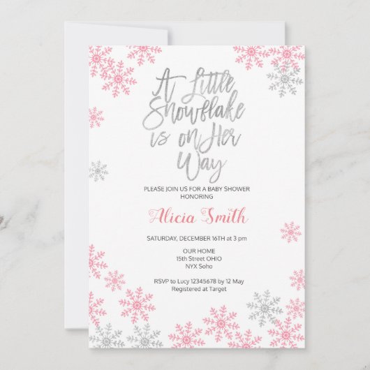 ピンクシルバーウィンターワンダーランドガールベビーシャワー 招待状 (正面)