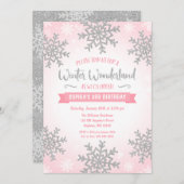 ピンクシルバーウィンターワンダーランドガール誕生日 招待状 (正面/裏面)