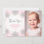 ピンクシルバーウィンターワンダーランド誕生日写真 サンキューカード (正面)