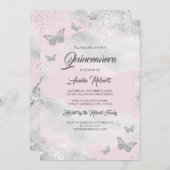 ピンクシルバーウォーターカラーバタフライドレスキンセアニェラ 招待状 (正面/裏面)